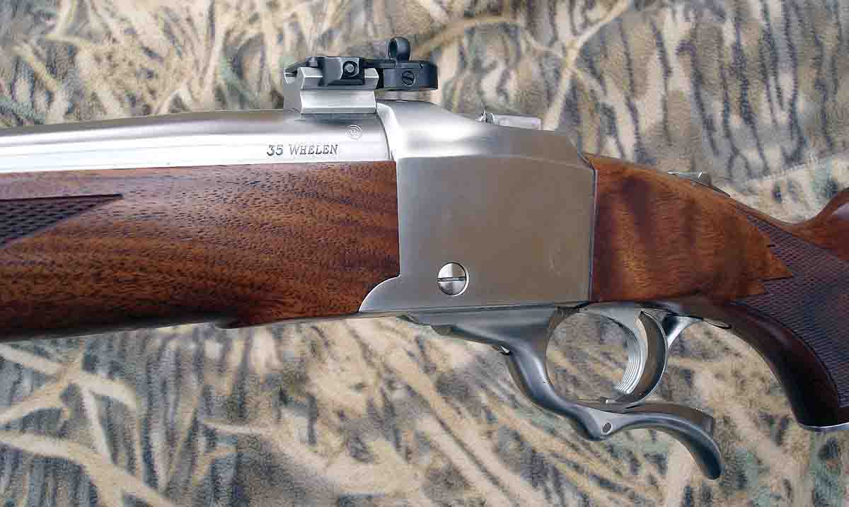 A Ruger No. 1 stainless .35 Whelen features custom sights and a modified trigger guard by gunsmith Lon Paul.
